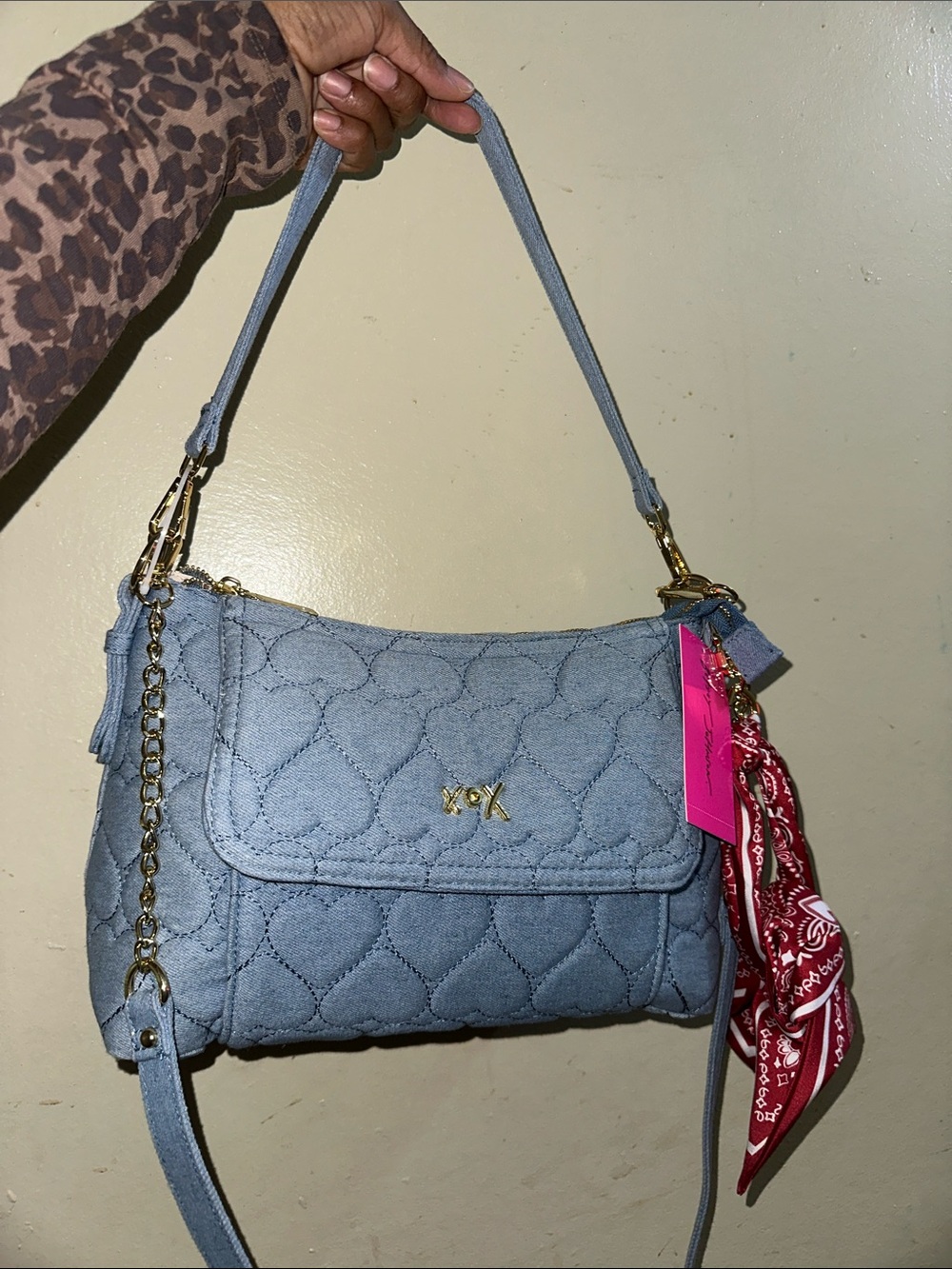 Ed Hardy Quilted Light Blue Shoulder Bag with Gold Hardware & Twilly